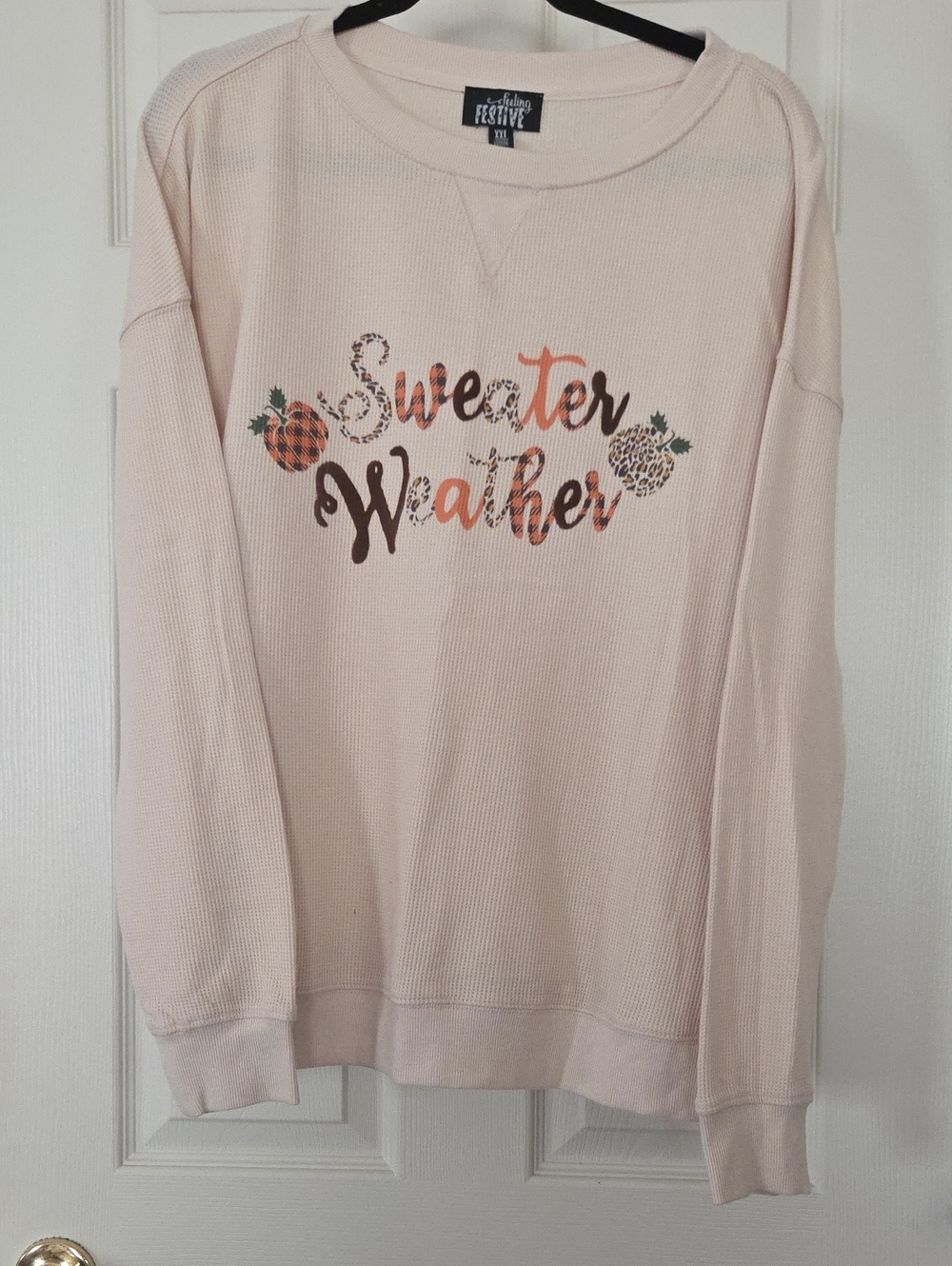 Festive 'Sweater Weather' Women's Cream Pullover Waffle Top